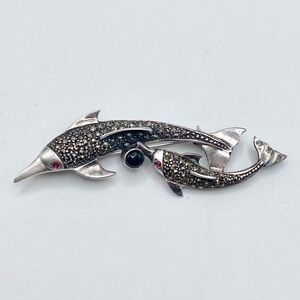 Dolphin Mother & Pup NF 925 Silver Onyx Pink Sapphire & Marcasite Vintage Brooch
